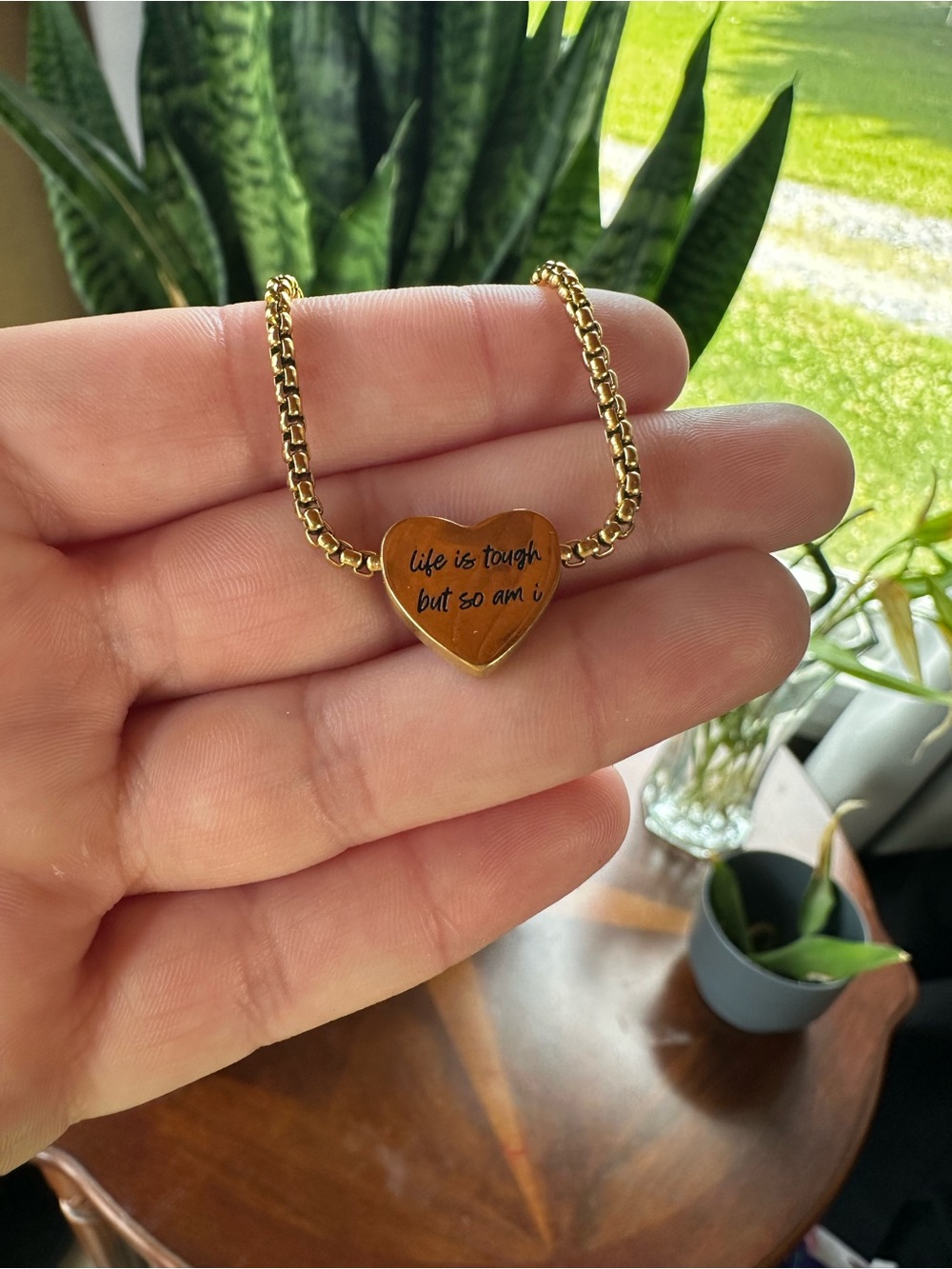 Gold Heart Pendant bracelet- "Life is tough but so am I"